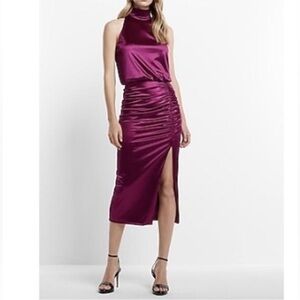 Express two piece satin halter top with High Waisted Ruched Side Slit skirt. xs